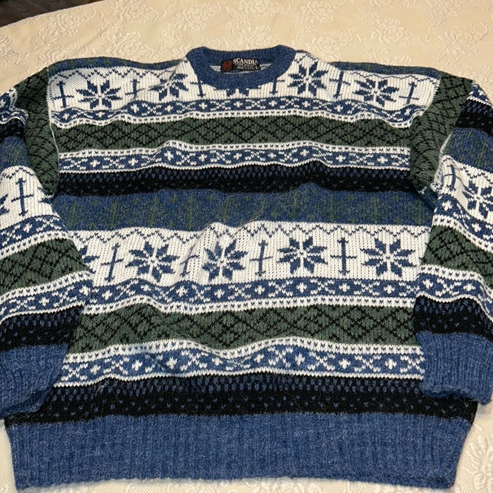Vtg Scandia Sweater L Snowflake Pattern Stripes Grandpa Core